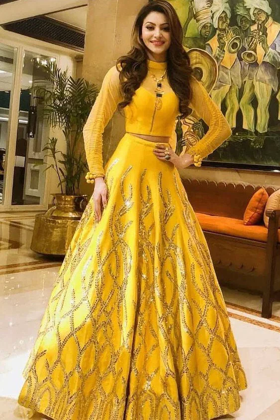 Urvashi Rautela Satin Silk Lehenga Choli In Yellow Colour