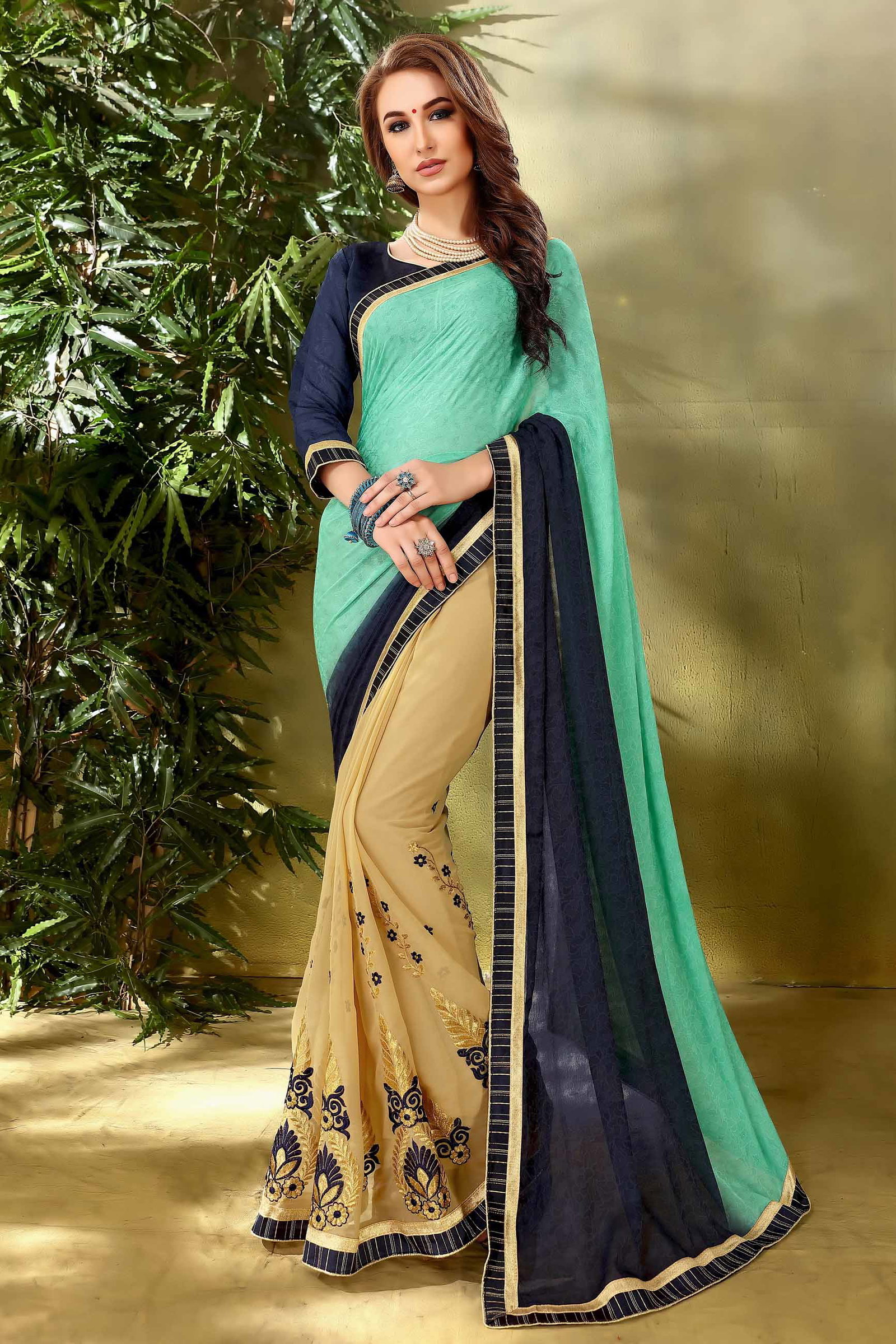 Jacquard and 60 GM Georgette Designer Saree In Beige and Sea Green Colour