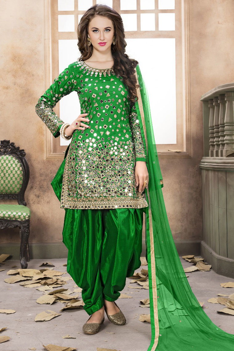 Taffeta Silk Mirror Work Patiala Suit In Green Colour