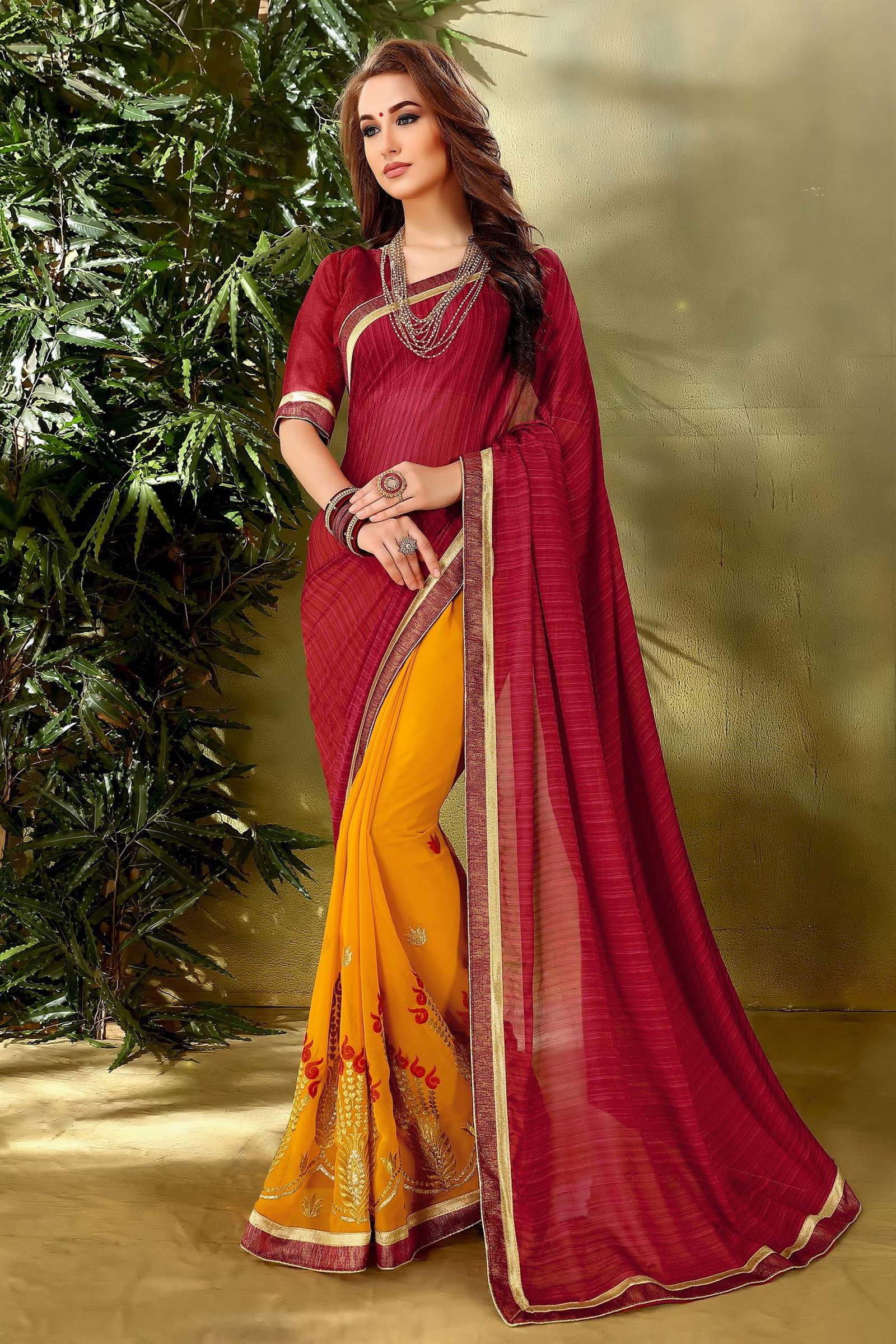 60 GM Georgette Designer Saree In Orange and Red Colour