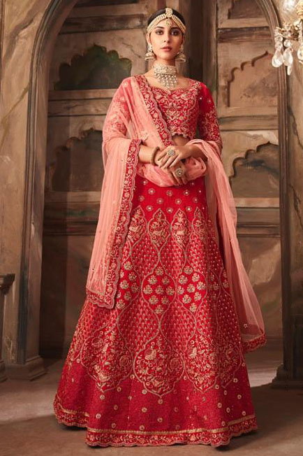 Banarasi Silk Embroidery Lehenga Choli In Red Colour