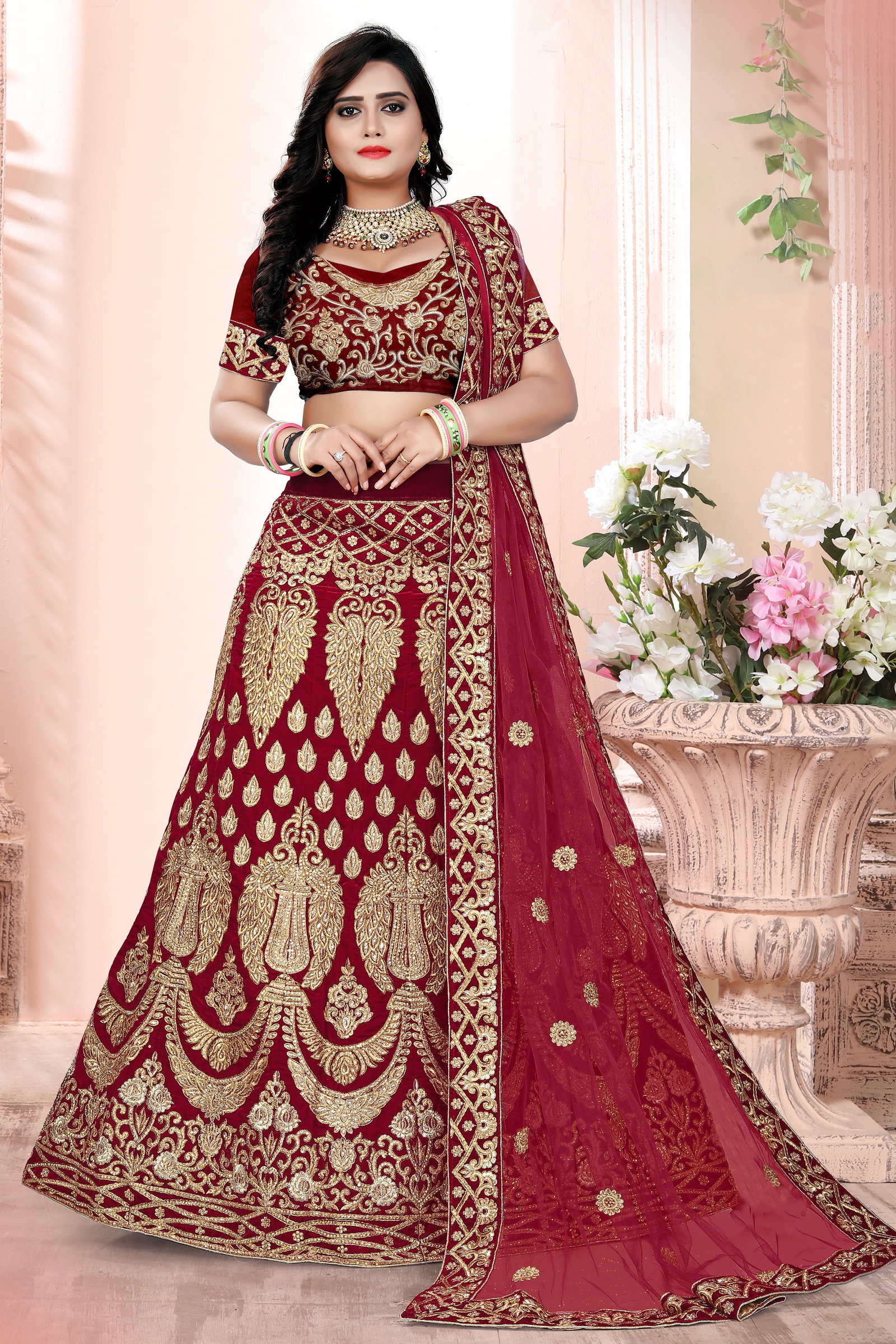 Velvet Zari Work Lehenga Choli In Maroon Colour
