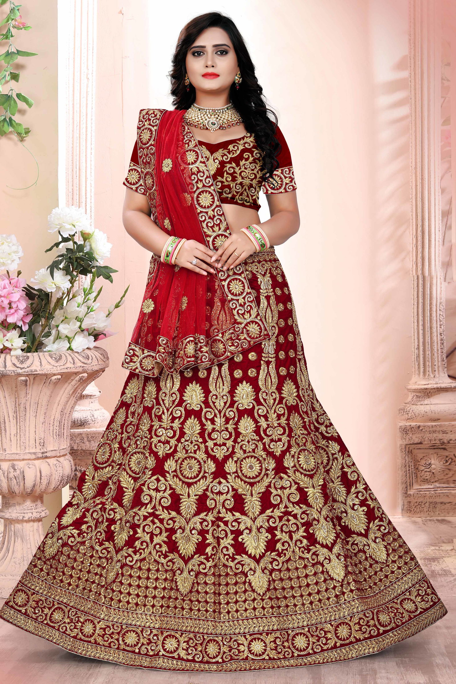 Velvet Zari Work Lehenga Choli In Maroon And Red Colour