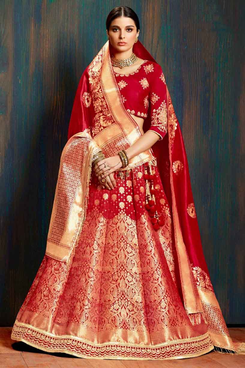 Pure Banarasi Silk Embroidery Lehenga Choli In Red Colour
