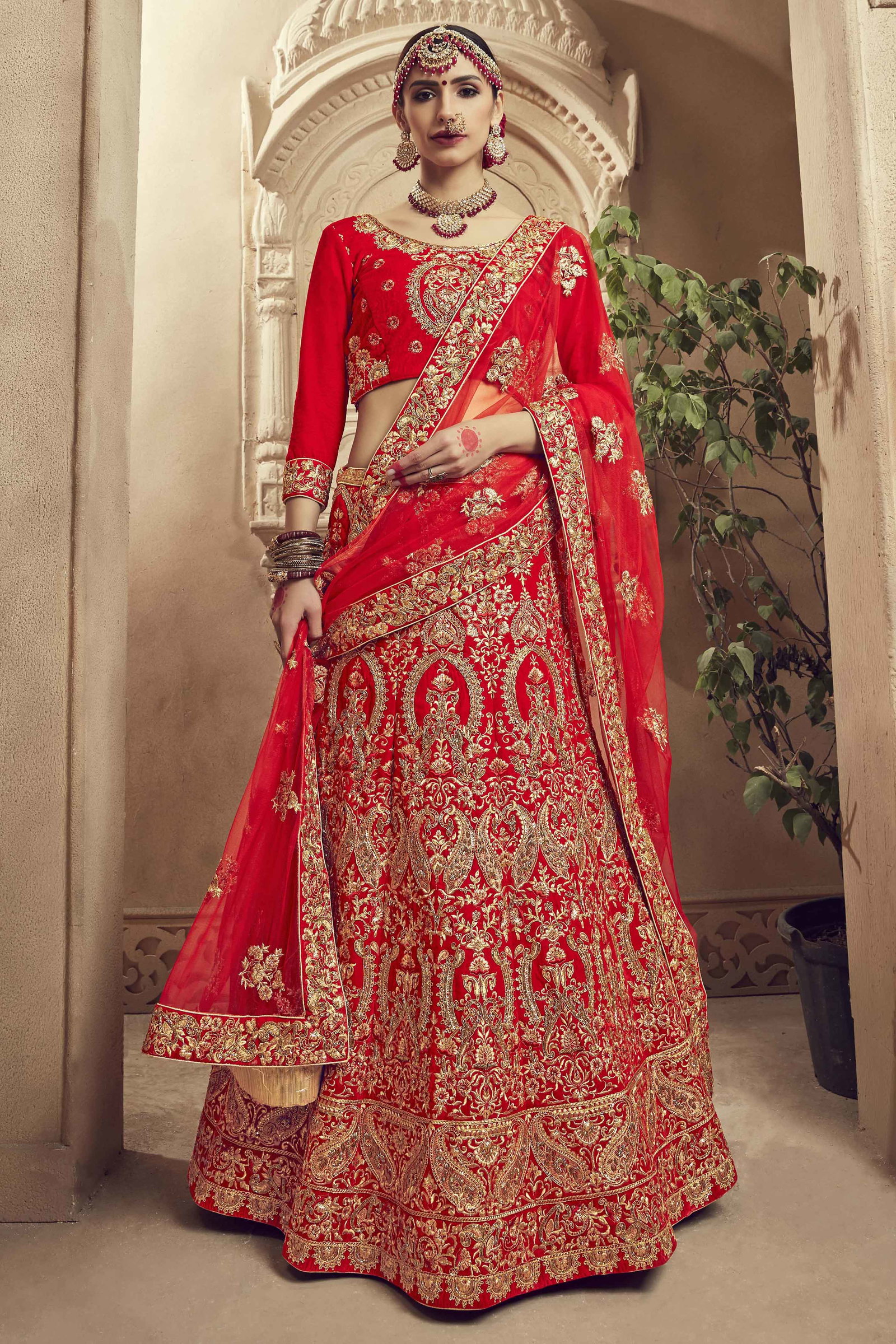 Velvet Embroidery Lehenga Choli In Red Colour