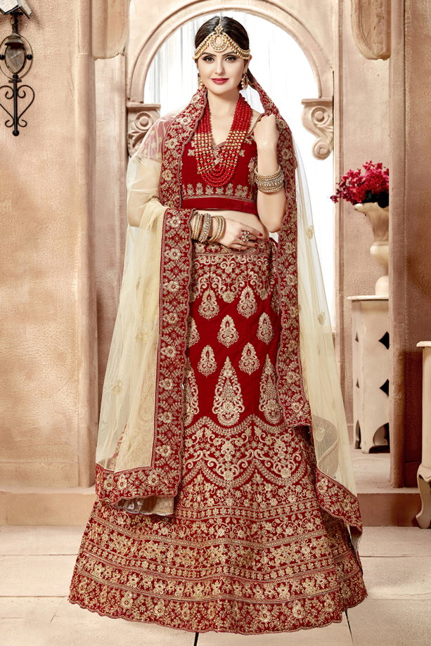 Velvet Lehenga Choli In Red Colour