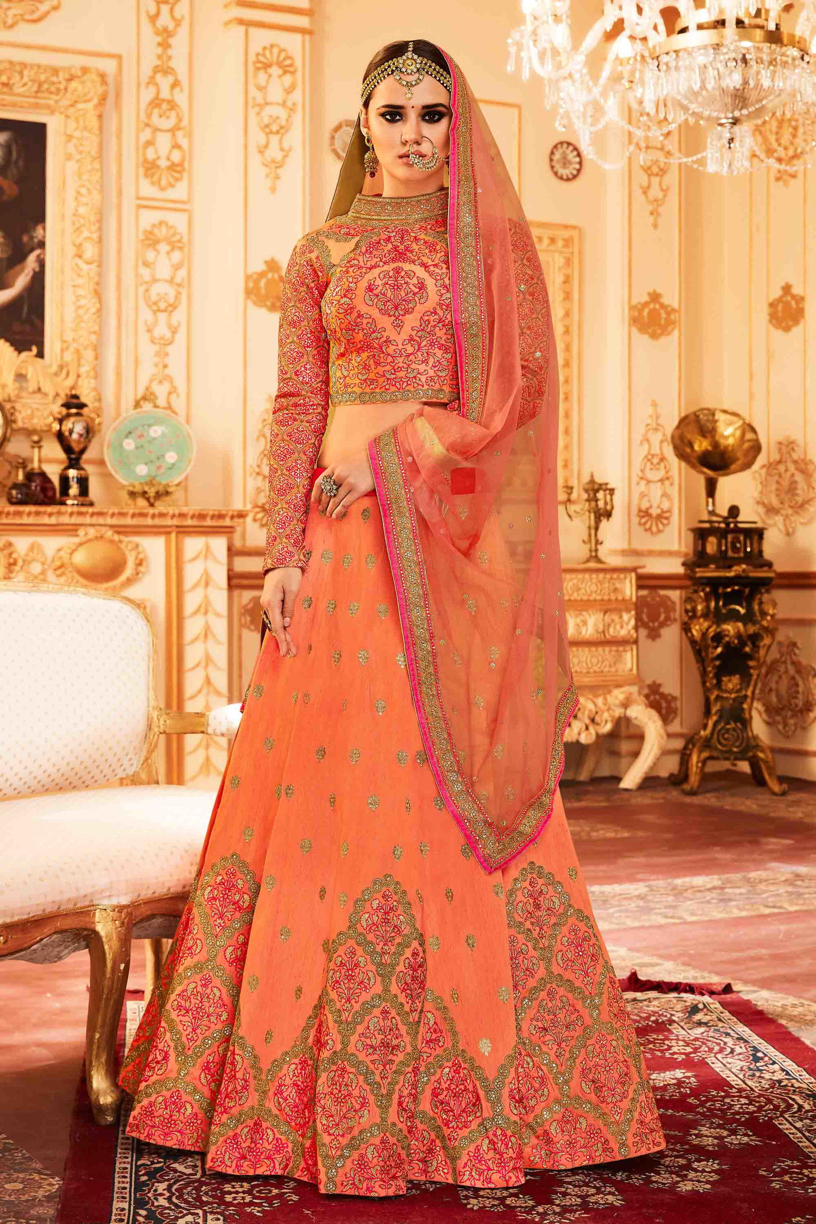 Raw Silk Lehenga Choli In Pastel Orange Colour
