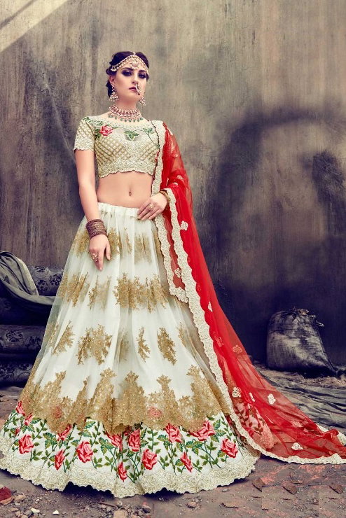 Net A Line Lehenga Choli In Off White Colour