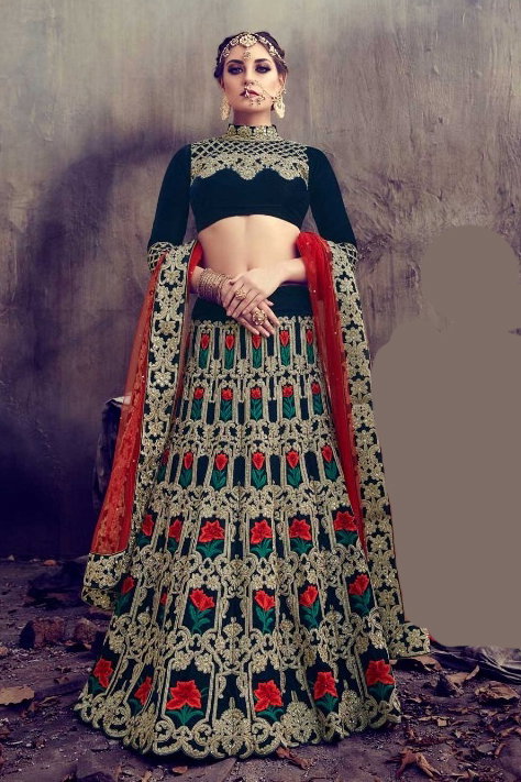 Velvet A Line Lehenga Choli In Navy Blue and Red Colour