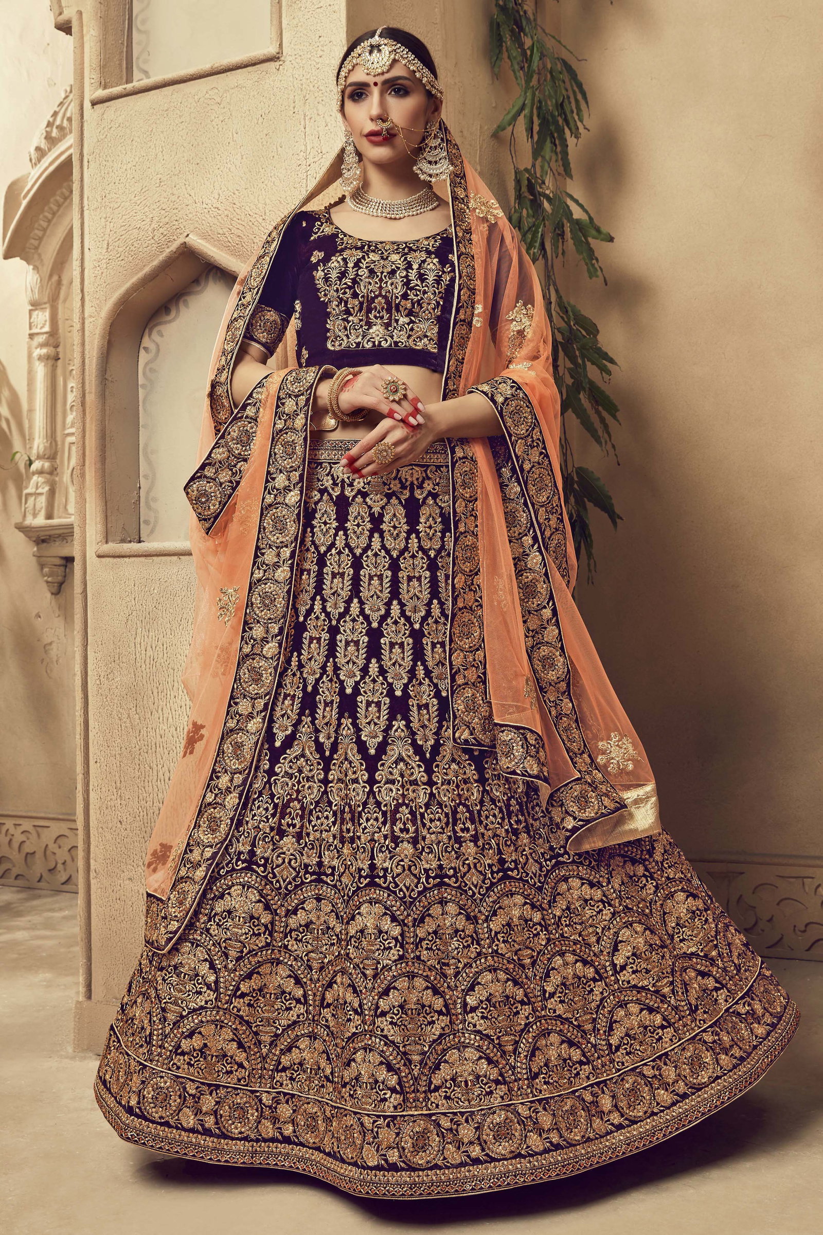 Velvet Embroidery Lehenga Choli In Purple Colour