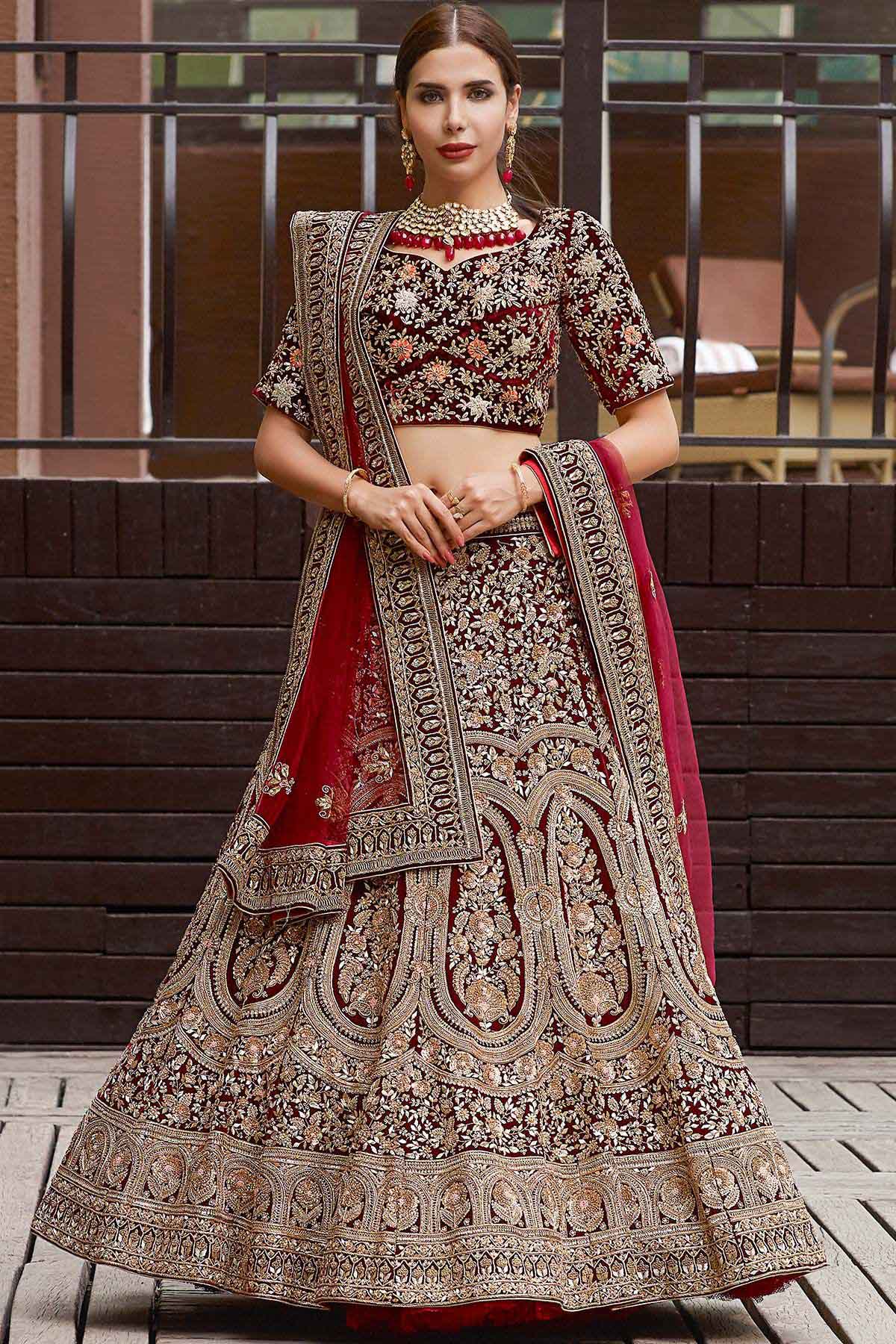 Velvet Embroidery Lehenga Choli In Maroon Colour