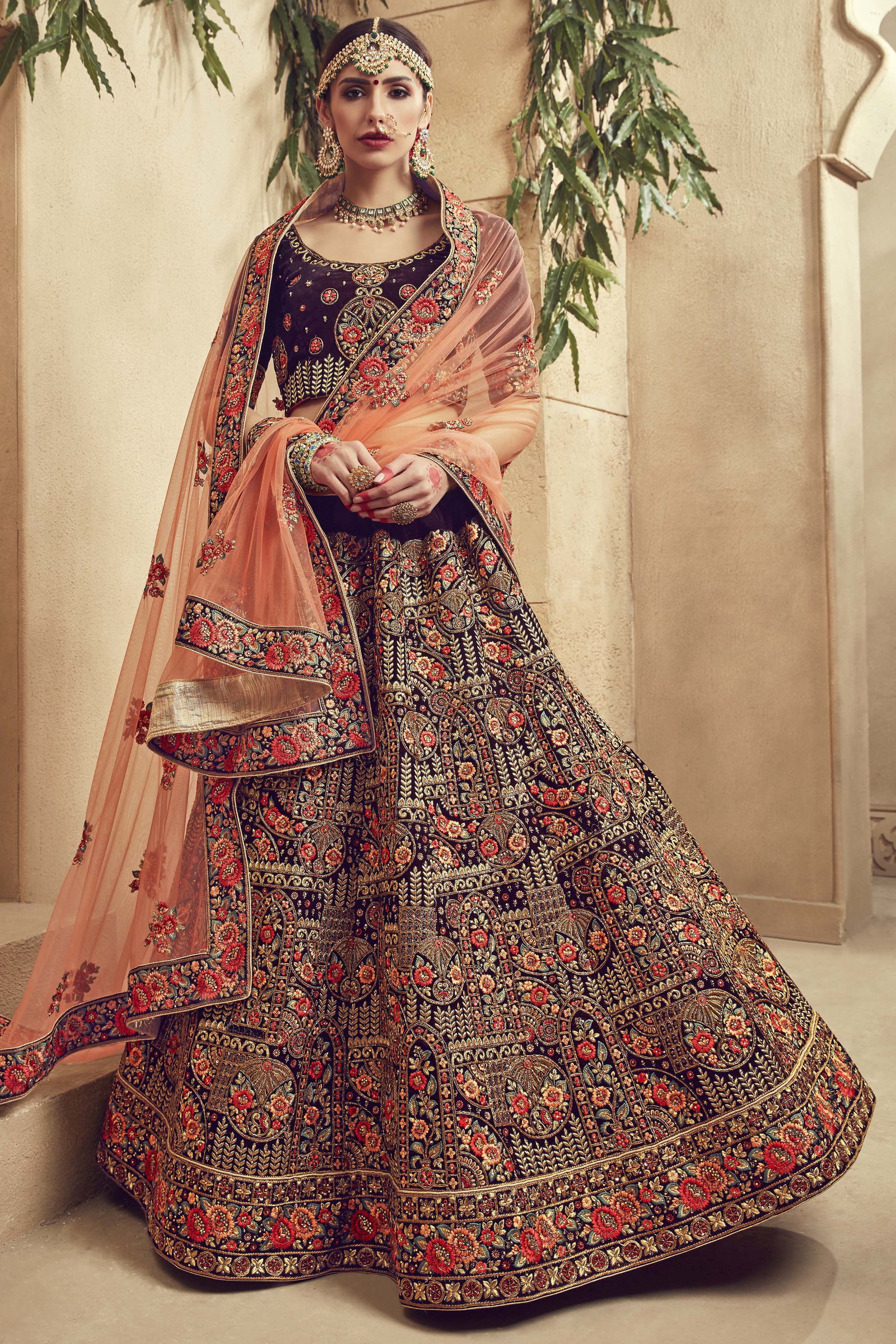 Velvet Embroidery Lehenga Choli In Wine Colour