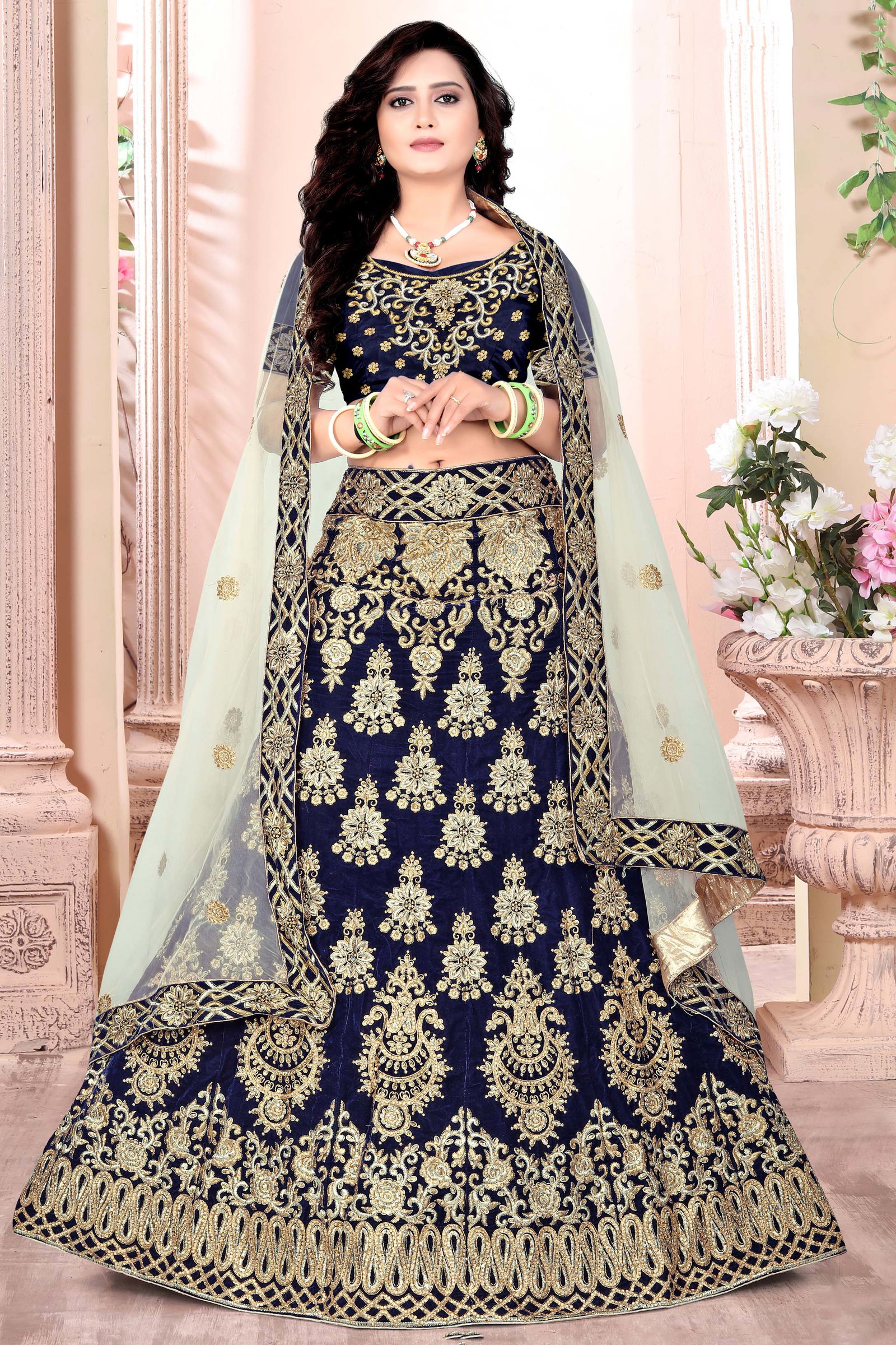 Velvet Zari Work Lehenga Choli In Navy Blue Colour