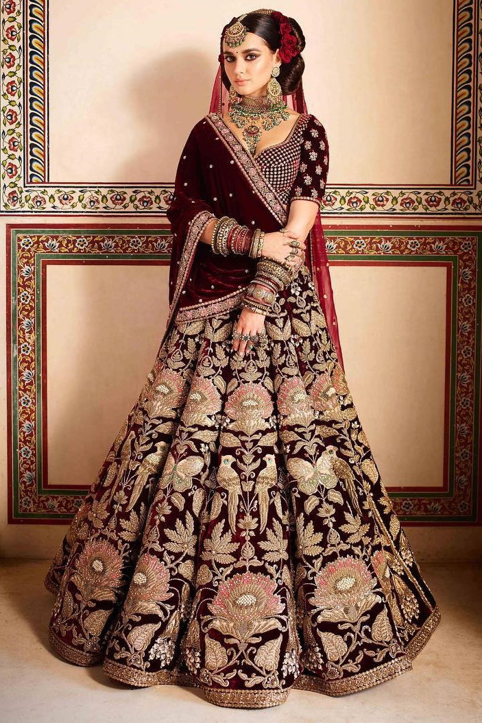 Velvet Embroidery Lehenga Choli In Maroon Colour