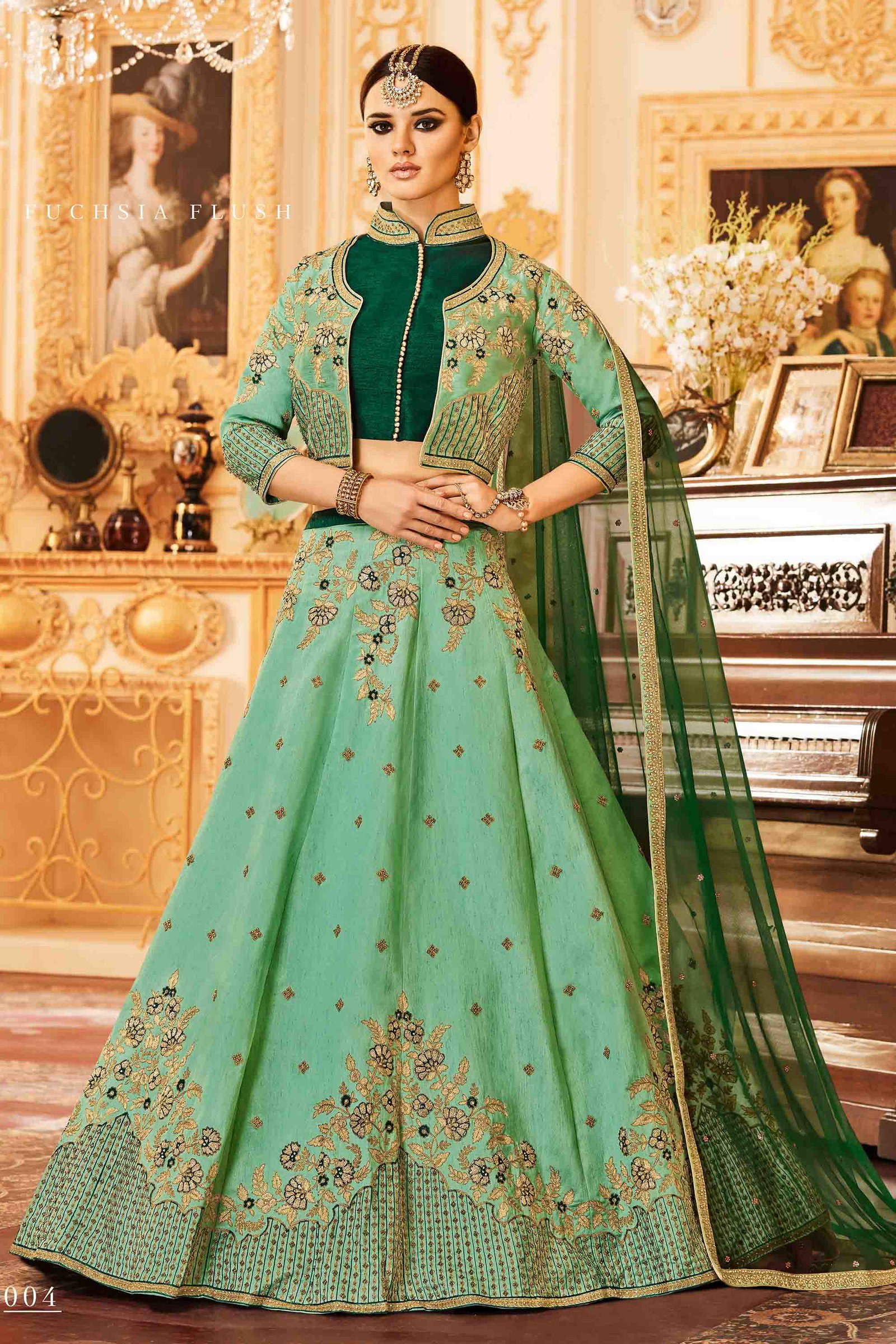 Raw Silk Lehenga Choli In Pastel Green Colour