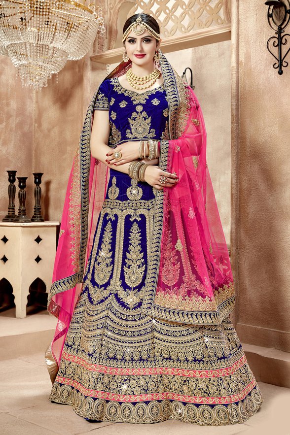Velvet Lehenga Choli In Royal Blue Colour