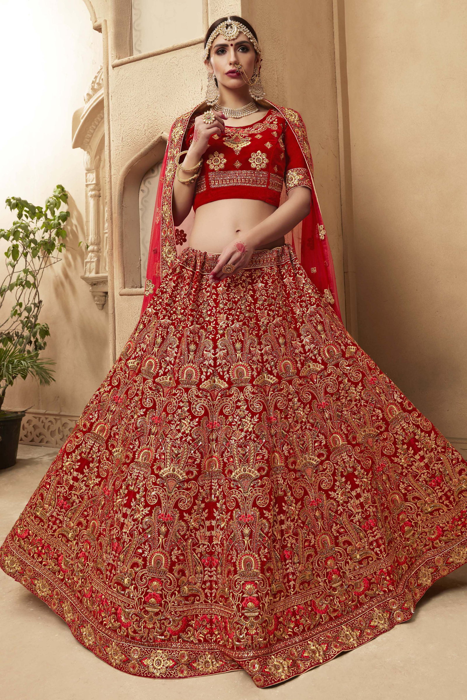 Velvet Embroidery Lehenga Choli In Red Colour