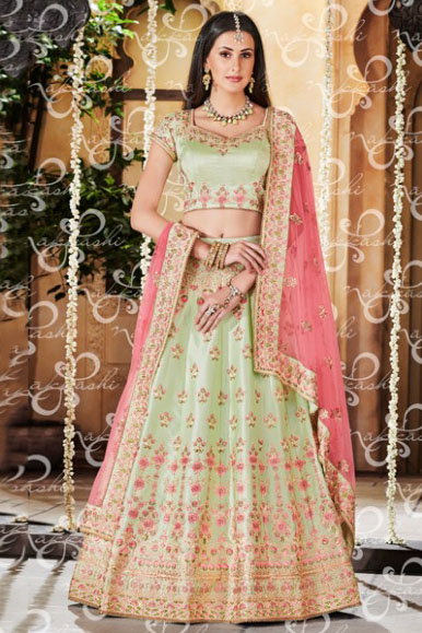 Nakkashi Satin Silk Embroidery Lehenga Choli In Green Colour