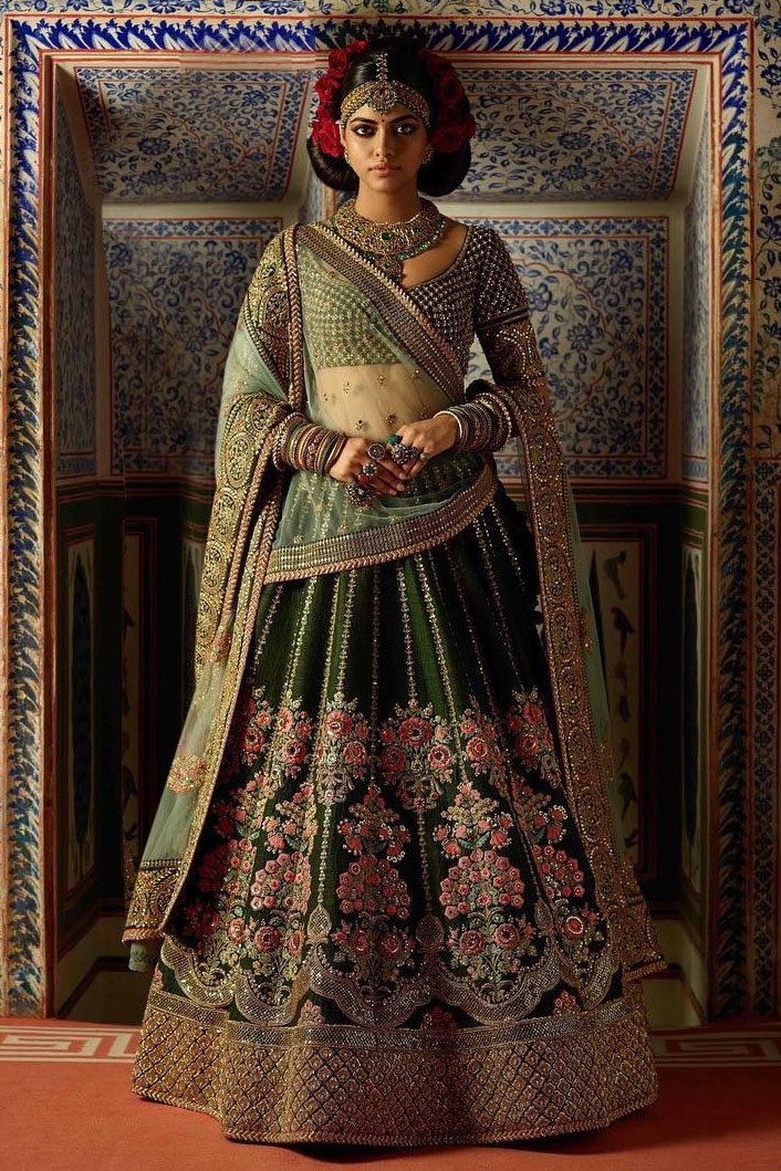 Velvet Embroidery Lehenga Choli In Green Colour