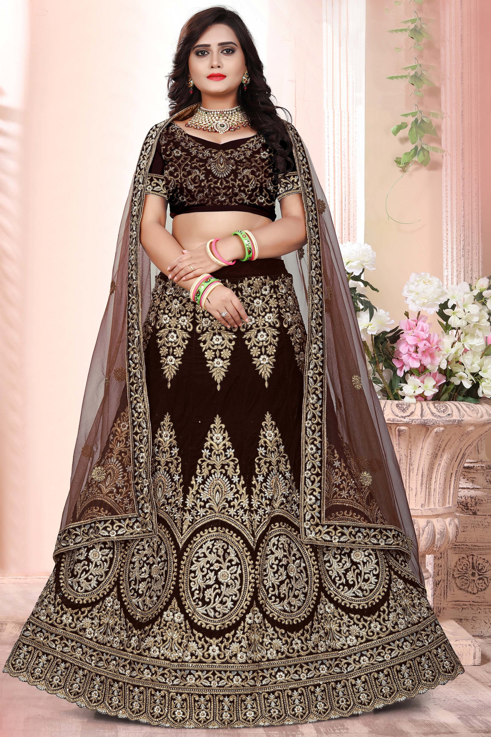 Velvet Zari Work Lehenga Choli In Wine Colour