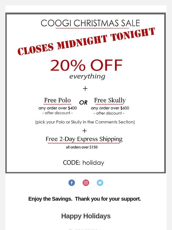 COOGI Christmas Sale - the clock is ticking - 20% Off and more till midnight