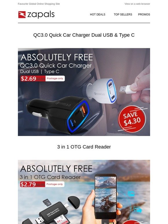 Under $3 Deals - QC3.0 Quick Car Charger Dual USB & Type C | 3 in 1 High Speed OTG Card Reader
