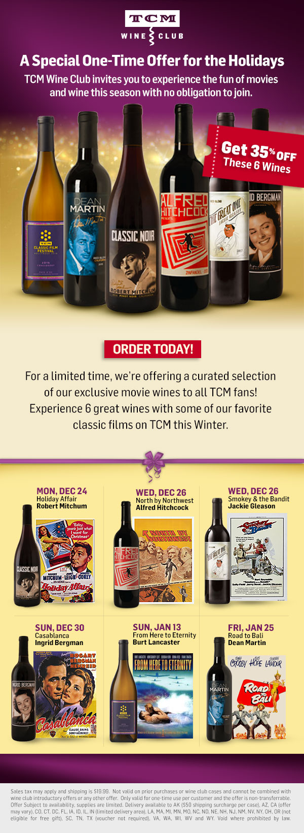 Turner Classic Movies TCM Wine Club Special Holiday Offer 6 Bottles