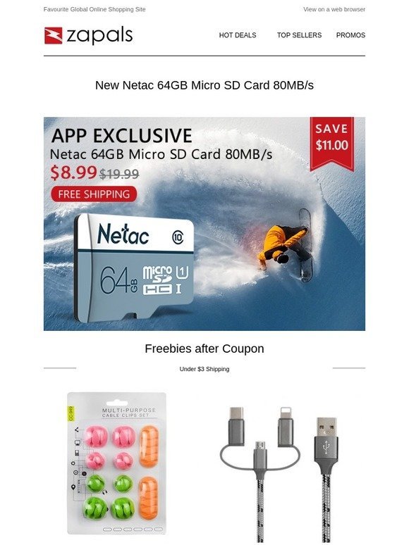 $8 Deals - Netac New 64GB Micro SD Card 80MB/s; $3 Coupon Deals - 10PCS Cable Clips; 3 in 1 Charge Cable and More