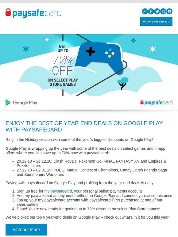 Google Play Year End Deals: Save up to 70% now with paysafecard