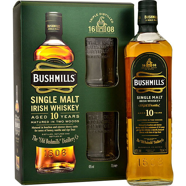 Bushmills Irish Whiskey 10 Year w/Gift Box and 2 Glasses 