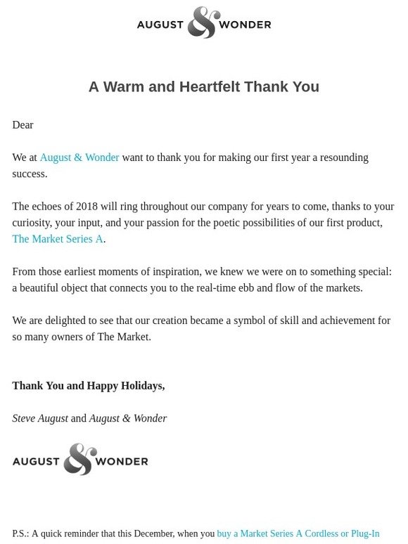 Thank you and Happy Holidays, from August & Wonder