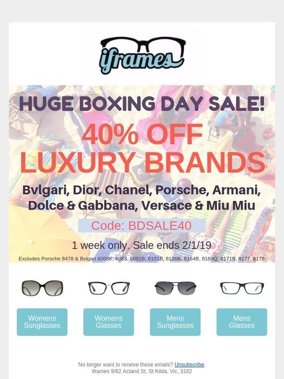 40% Off Boxing Day Sale! Luxury Sunglasses Heavily Reduced.