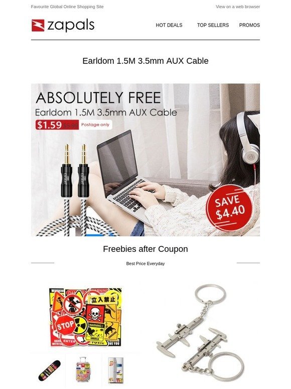 Earldom 1.5M 3.5mm AUX Cable $1.59; 800LM T6 COB LED Torch $6.99; App Only - 4 in 1 Extended Car Charger $7.99; Bluetooth V5.0 Earphone $12.99