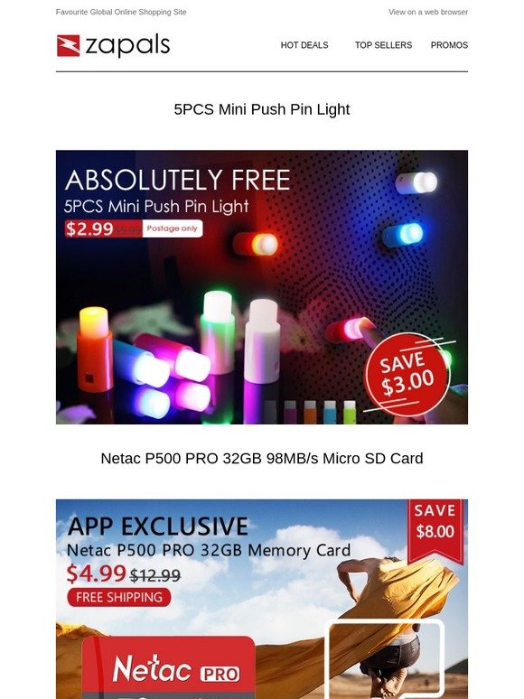 Top 5 Deals From $2.99 - 5PCS Mini Push Pin Light; Netac 32GB 98MB/s Micro SD Card; S905W R-TV BOX X10 2G+16G...