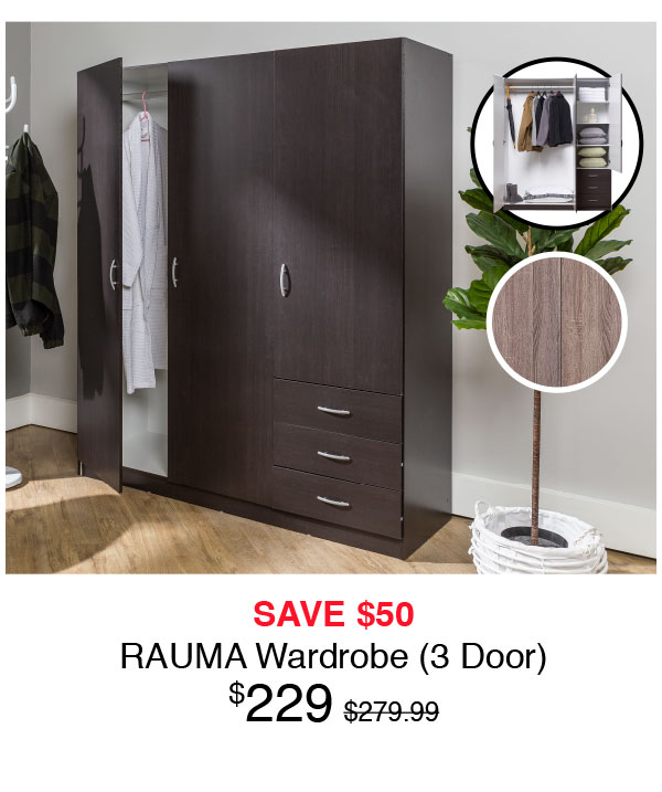 Rauma 3 Door Wardrobe - Now $229 - Save $50