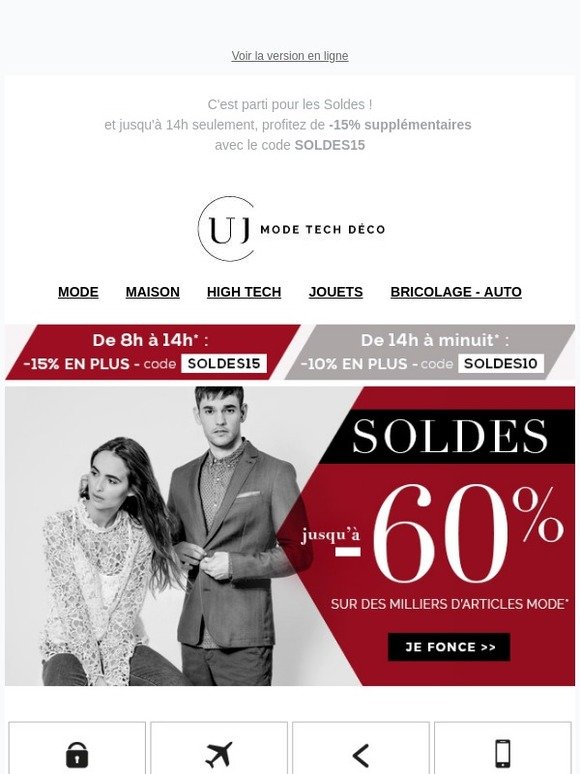 Soldes jusqu'a -60% et -15% EN PLUS pendant quelques heures