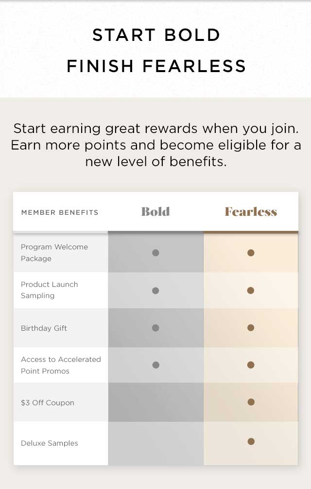 START BOLD . FINISH FEARLESS - Start earning great rewards when you join. Earn more points and become eligible for a new level of benefits.