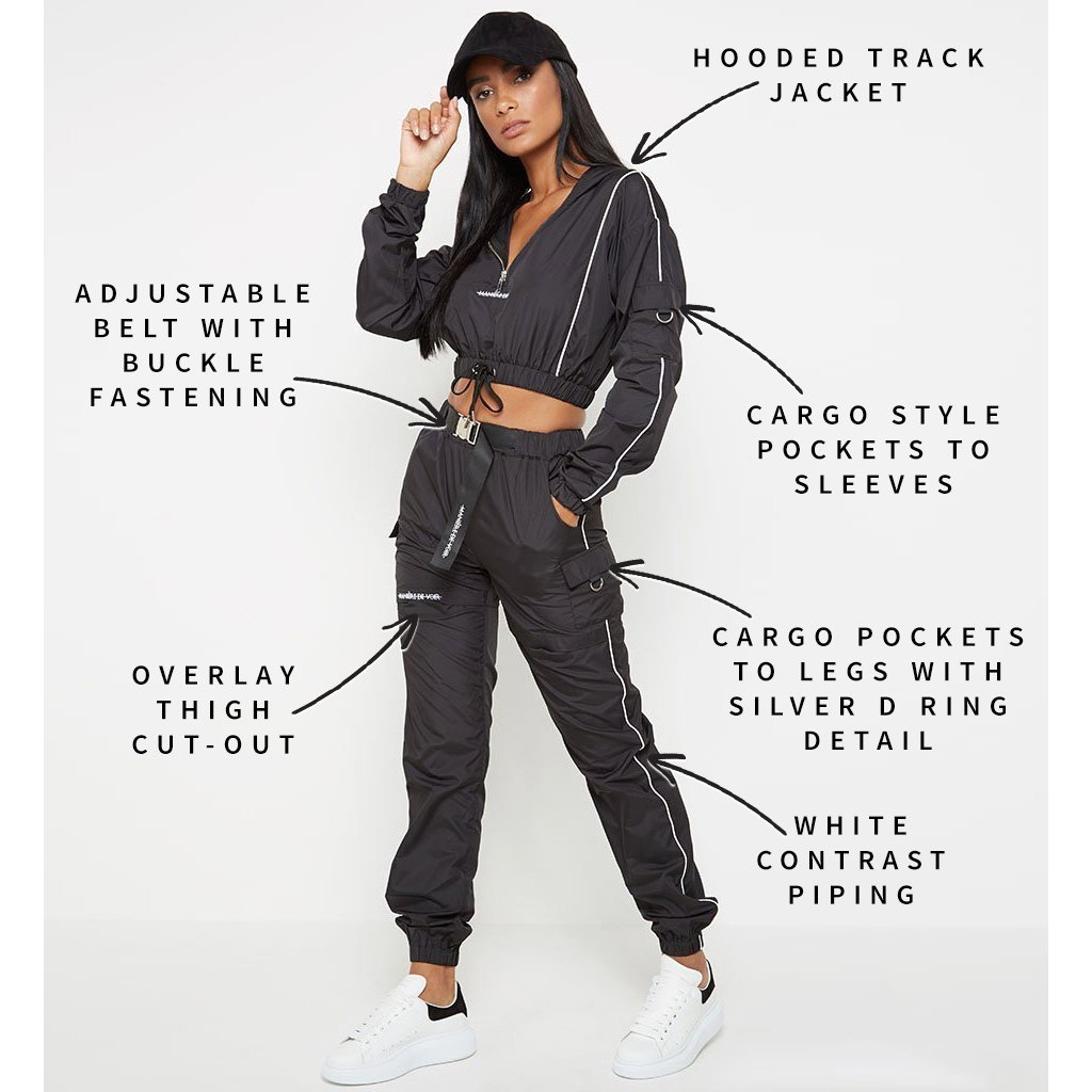 Hooded Track Jacket // Adjustable Belt with Buckle Fastening // Cargo Style Pockets to Sleeves