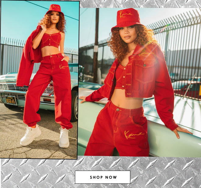 KARL KANI RED EMBROIDERED DENIM CROP JACKET