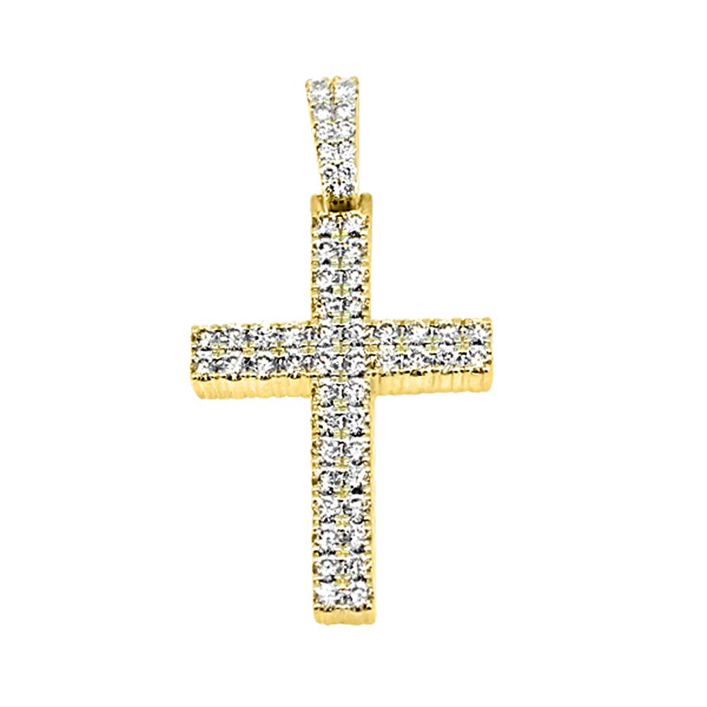 Image of 14K Yellow Gold 2.25 Carats Diamond 2 Row Tennis Cross Pendant