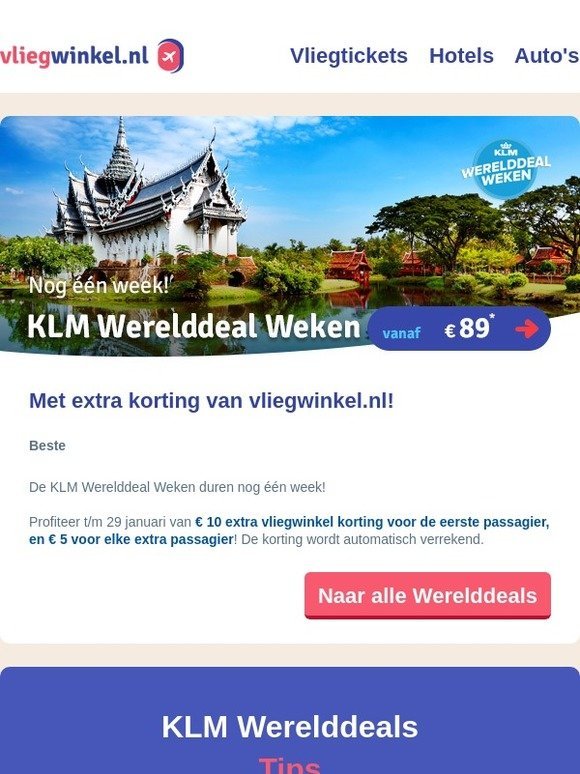 ✈ Nog één week: KLM Werelddeal Weken met éxtra korting!