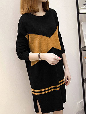 Round Neck  Patchwork Side Slit  Color Block  Knit Shift Dress