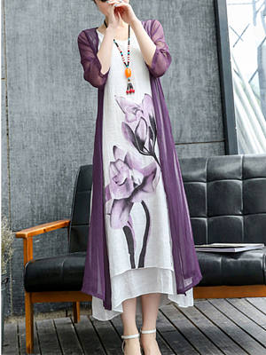 Round Neck  Asymmetric Hem  Color Block Printed Maxi Dresses