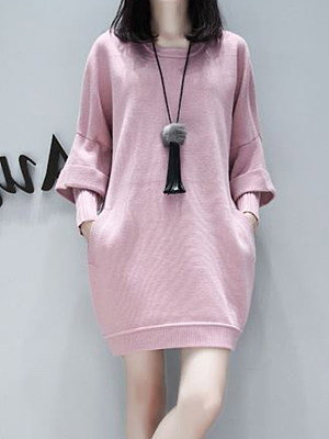 Round Neck  Patch Pocket Patchwork  Plain Shift Dress