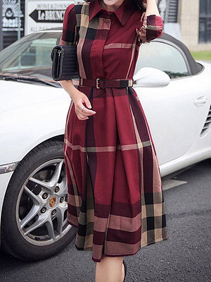 Button Down Collar  Belt  Checkered Skater Dresses