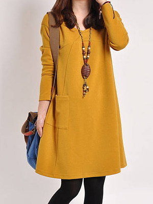 Round Neck  Patch Pocket  Plain Shift Dress