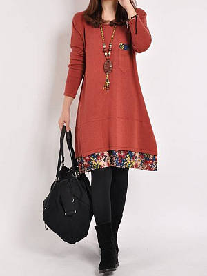 Round Neck  Patchwork  Floral Printed  Shift Dress