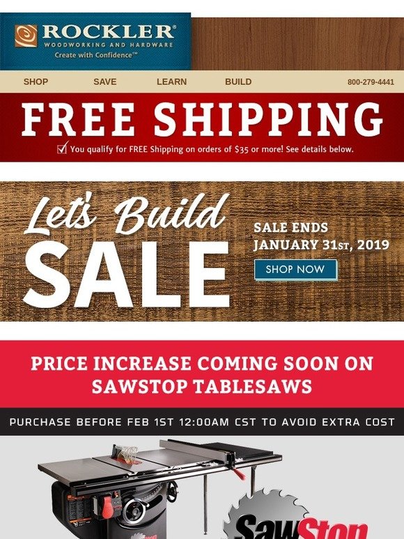 Rockler Woodworking and Hardware SawStop Prices Increase Soon Order