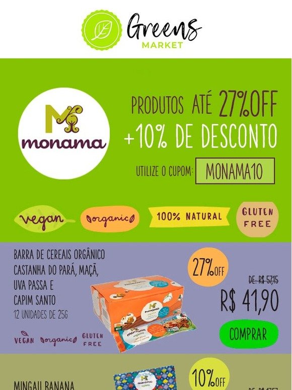Cupom de desconto EXCLUSIVO para produtos MONAMA no Greens Market