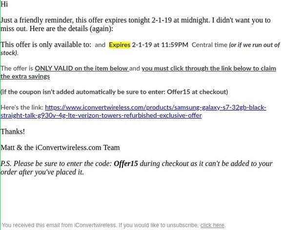 RE: Last Day to use your SPECIAL Offer (Code inside) for -Expiring (TONIGHT) 2-1-19 at Midnight!